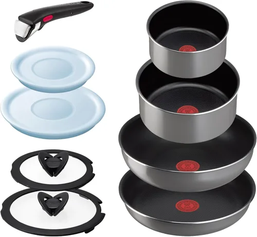 Tefal L16199 Tifal - Juego de sartén extraíble con mango de tifal, juego de 9 piezas, para fuego de gas, Ingenio Neo Phrase gris, gris antiadherente