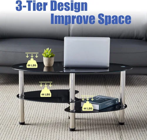Miniatura 3 de Mesa de té de vidrio ovalada para oficina, mesa de centro moderna de 3 niveles, mesa auxiliar para sala de estar (negro)