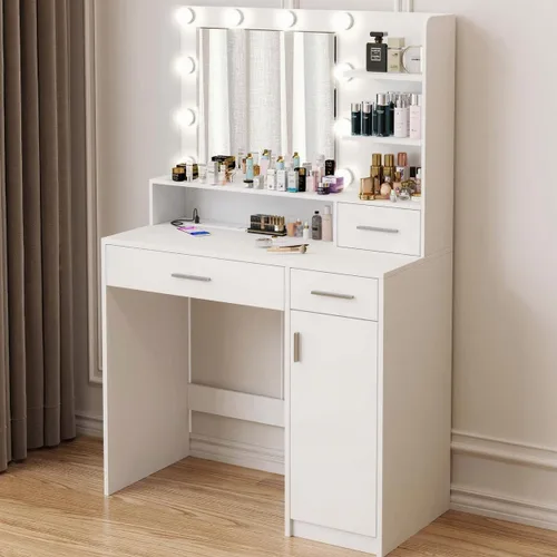 Escritorio de tocador con espejo y luces, mesa de tocador de maquillaje con toma de corriente USB, cajón y estantes de almacenamiento, armario,