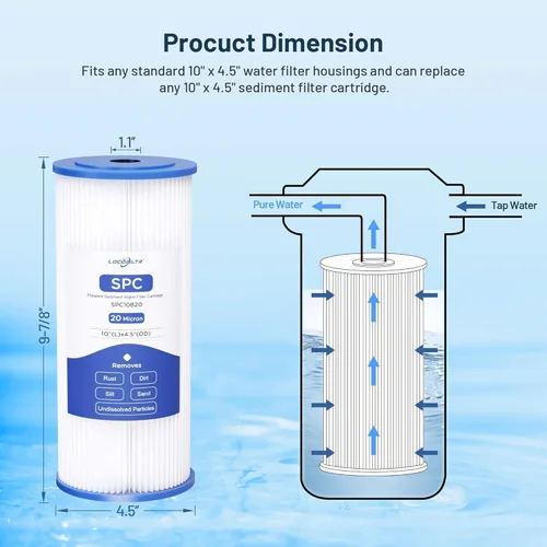 Miniatura 5 de Cartuchos de repuesto de filtro de agua de 2 etapas de 10 x 4.5 pulgadas para toda la casa, sedimento plisado de 20 micras y filtros de agua