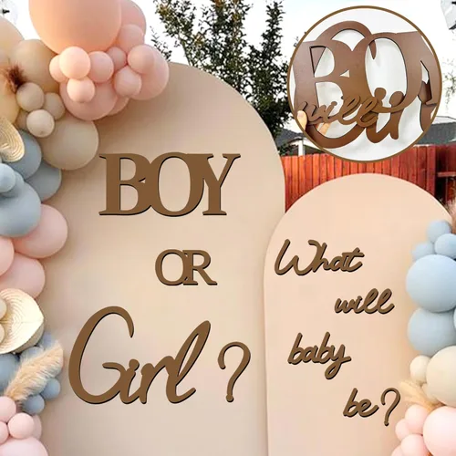 Miniatura 11 de Grandes calcomanías de revelación de género para telón de fondo, señal de baby shower de madera, ¿él o ella? ¿Qué será el bebé? Arco de globos