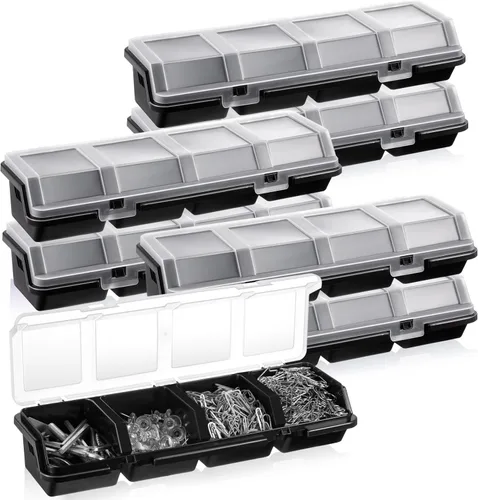 Miniatura 10 de Hushee Caja organizadora de tornillos de 4 piezas con tapa, 4 compartimentos, organizador de piezas pequeñas, de plástico, apilable, tuercas y Azul