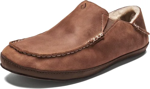 OluKai Moloa Pantuflas para hombre zapatos sin cordones de cuero nobuck de alta calidad forro de oveja e inserto de gel diseño de tacón caído
