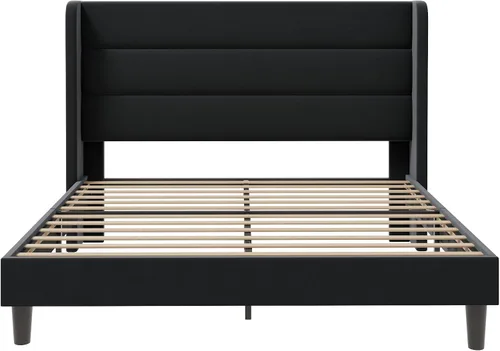 Miniatura 8 de SHA CERLIN - Base de cama tamaño Full con cabecera tapizada en terciopelo y diseño acanalado vertical; plataforma de cama tapizada con listones