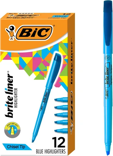 Pack de 12 marcadores fluorescentes Brite Liner, de Bic, punta biselada, color amarillo, Azul 12 unidades