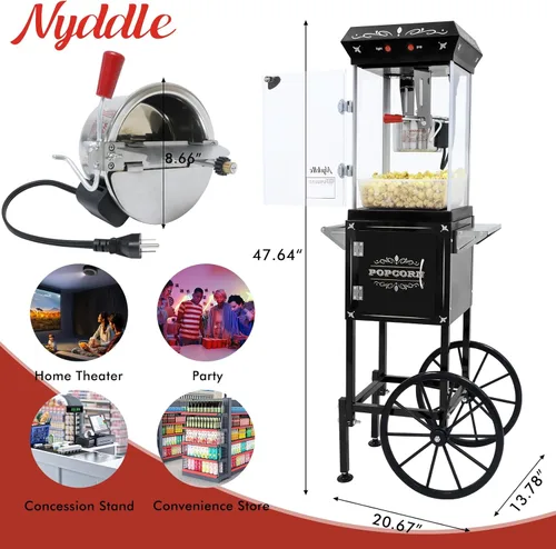 Miniatura 4 de Máquina para hacer palomitas de maíz Nyddle con hervidor de 8 onzas, fabrica hasta 32 tazas, máquina para palomitas en carrito, estilo vintage