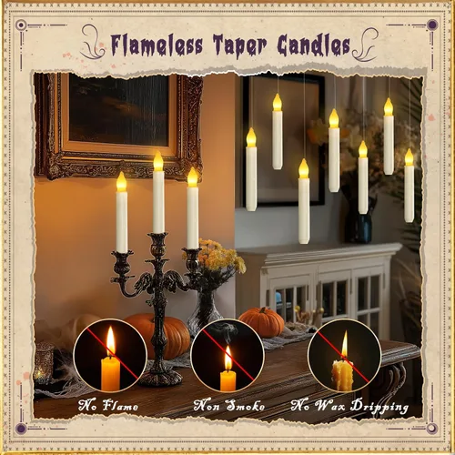 Miniatura 7 de Homemory Vela Flotante con Control Remoto de Varita, 12 Piezas Candelabros Mágicos Decoraciones de Bruja, Velas Cónicas Amarillas Cálidas Sin Llama