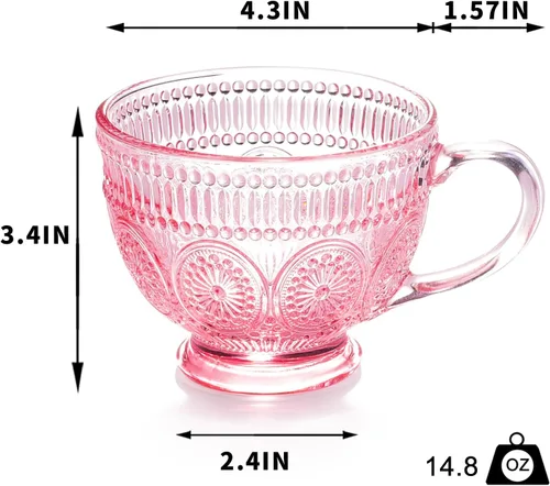 Miniatura 2 de Tazas de café de vidrio vintage con asa, tazas de vidrio en relieve rosa de 14 onzas para capuchino, latte, cereales, yogur, té, leche (4)