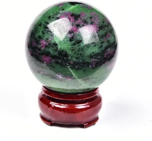 JIC Gem Esfera de cristal de tesoro natural rojo y verde, de rubí y zoisita, para curación, con soporte decorativo para meditación y decoración de