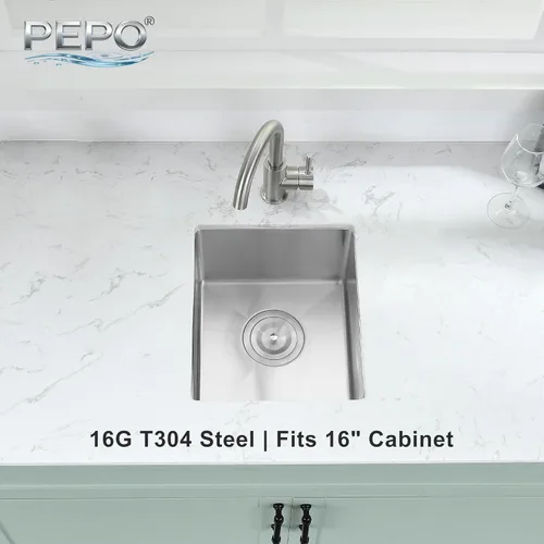 Miniatura 3 de Fregadero de Bar - PEPO Fregadero de Cocina Bajo Encimera de 13 x 15 Pulgadas, Fregadero de Cocina Pequeño de Una Sola Cubeta de Acero Inoxidable