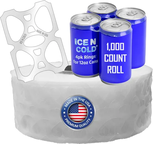 ICE N COLD Paquete de 4 anillos (rollo de 1000 quilates) ajuste universal, se adapta a todas las latas de cerveza/soda de 12 onzas | Envío rápido el