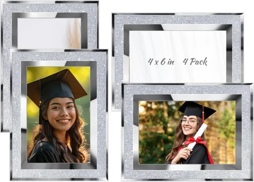 Miniatura 8 de Queekay Paquete de 4 portarretratos de graduación con purpurina de 4 x 6 pulgadas, marco de fotos de espejo de cristal plateado para decoraciones