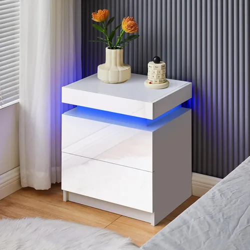 Miniatura 14 de CLIPOP Moderna mesita de noche, mesita de noche LED con 2 cajones de alto brillo, armario de mesita de noche con luz de control remoto, mesita