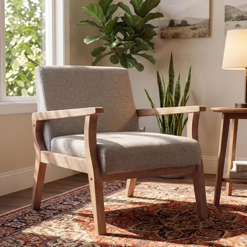 HNY Sillas modernas de mediados de siglo, sillas decorativas de lino con marco de madera maciza, sillón para sala de estar, dormitorio, oficina,