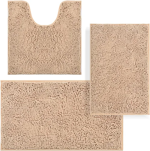 Miniatura 31 de Juego de alfombras de baño de 3 piezas, tapetes de baño para baño antideslizantes, alfombras de baño de felpilla gruesa, suaves y absorbentes, juego