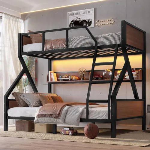 Miniatura 10 de Bellemave Litera de Metal Twin XL sobre Queen con Estantes de Almacenamiento y Luz LED, Marco de Litera Resistente con Tabla de Madera y Listones