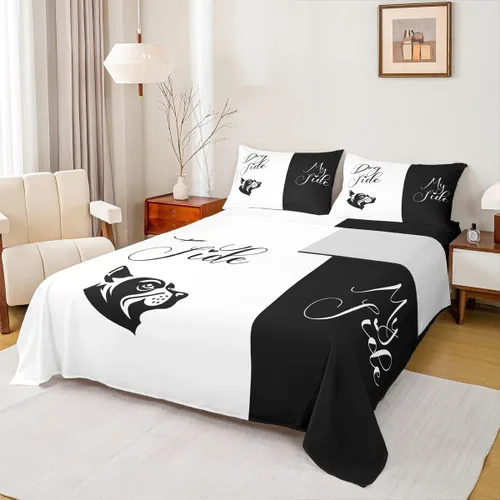 Dog Side My Side - Juego de sábanas de tamaño Queen, color negro y blanco, sábana bajera ajustable para mujeres y hombres, sábanas románticas de