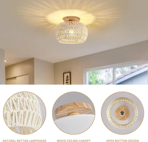Miniatura 7 de Lámpara de techo de ratán bohemio, 3 opciones de estilo, luces de techo de mimbre semiempotradas, accesorios de luz costera beige, candelabro