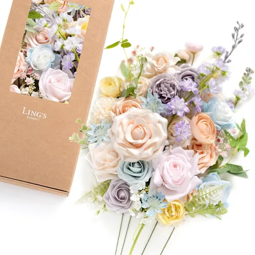 Miniatura 26 de Ling's moment Caja de Flores Falsas, Tallos de Vegetación Artificial Falsa, Rosas de Espuma, Gardenias, Hortensias de Seda, Ranúnculos, Flor de Tela