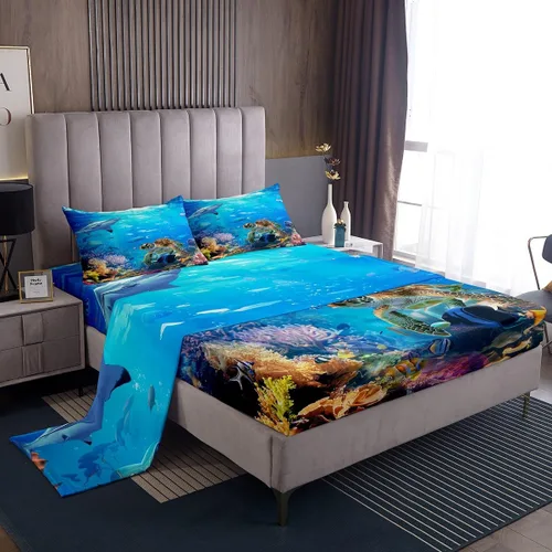Miniatura 16 de Erosebridal Juego de sábanas 3D de mundo submarino con diseño de peces de playa, azul mar, tamaño individual, sábana bajera ajustable con diseño