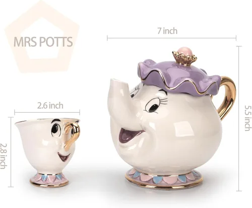 Miniatura 5 de GZHaiTuoSi Taza de tetera con diseño de dibujos animados de la nueva belleza y la bestia Mrs Potts con chip, un juego encantador y set
