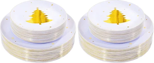 Miniatura 13 de WDF 50 platos de plástico plateados, platos de plástico de Navidad con árbol de Navidad, platos desechables blancos y plateados resistentes