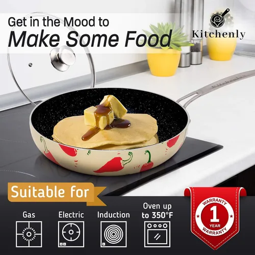 Miniatura 4 de KITCHENLY™ Happy - Sartén y tapa antiadherente, sartén antiadherente profunda, utensilios de cocina de piedra, compatible con horno, eléctrico, gas