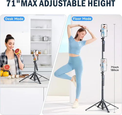 Miniatura 3 de Trípode Selfie Stick, trípode de 71 pulgadas para iPhone, rotación de 360° con control remoto inalámbrico, soporte portátil de aluminio
