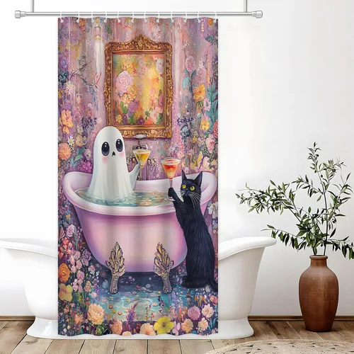 Miniatura 4 de Divertida cortina de ducha de fantasma, diseño de fantasma, rosa, floral, lindo fantasma toma una bañera en flor, Halloween, gato negro, academia