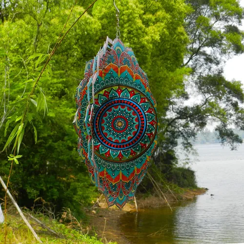 Miniatura 3 de Molinillo de viento de mandala de bendición, 12 pulgadas, 3D, de acero inoxidable, regalo valioso, cortado con láser, arte cinético de jardín, A5