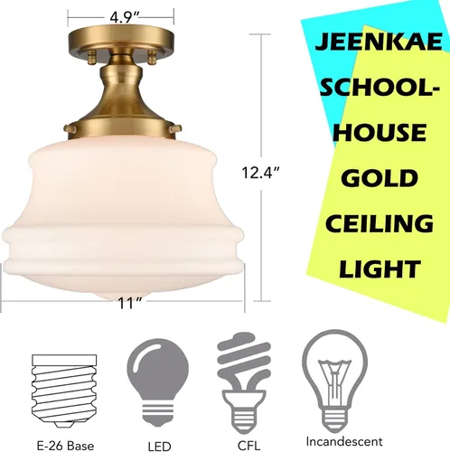 Miniatura 3 de Moderna lámpara de techo semiempotrada para pasillo, lámpara de techo colgante de cristal de leche de ópalo para escuela, 11 pulgadas de ancho x