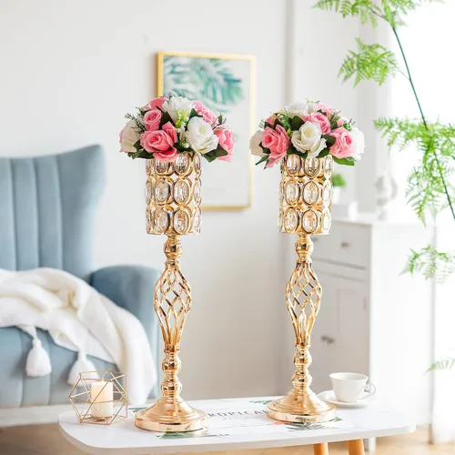Miniatura 4 de Jarrón de metal dorado, 10 jarrones de trompeta altos para centros de mesa con cuentas de cristal, jarrón de boda para mesas, decoración del hogar
