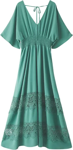 Miniatura 43 de Vestido largo de encaje para mujer de manga corta y cuello en V, vestido de fiesta estilo bohemio con cintura fruncida, vestido bohemio para mujer