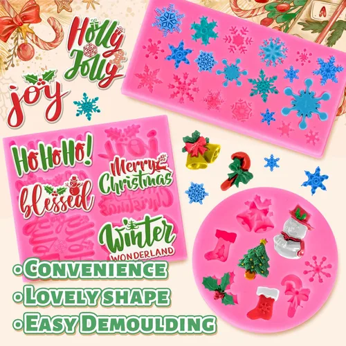 Miniatura 3 de Whaline 3 moldes de silicona para fondant de Feliz Navidad, diseño de copos de nieve rosados, con palabras bendecidas, alegría, acebo, Jolly