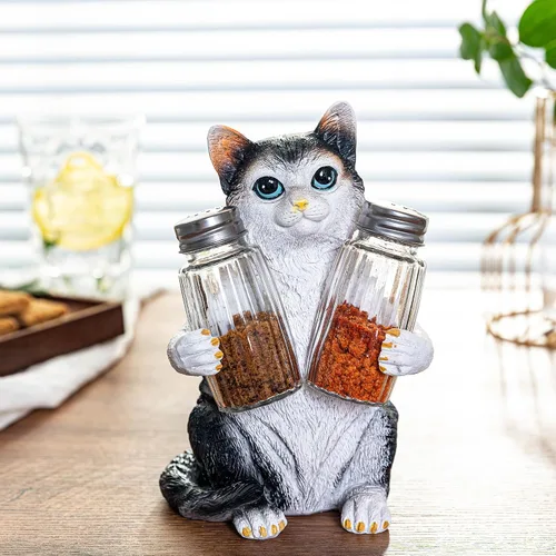 Juego de salero y pimentero de resina con soporte y tarros de especias de cristal, decoración de cocina para amantes de los gatos, figura de gato,