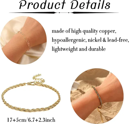 Miniatura 4 de FINREZIO 6 pulseras de cadena de oro para mujer, pulsera cubana con cuentas de eslabones de clip de papel, pulsera de cadena de cable grueso