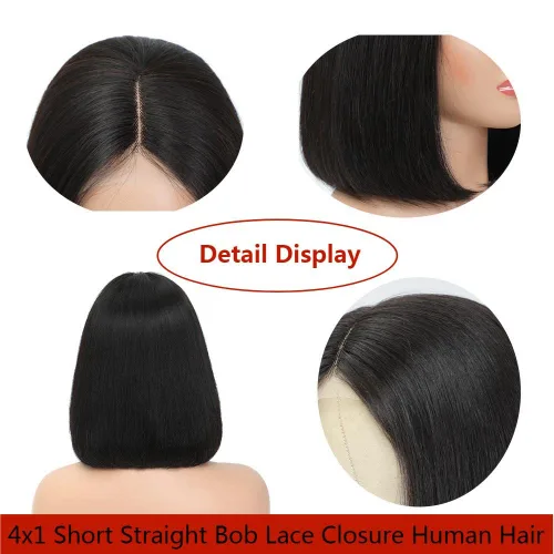 Miniatura 3 de Peluca corta recta Bob de 12 pulgadas 4x1 cierre de encaje 12A Remy cabello humano densidad 150% negro natural
