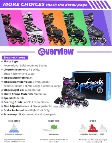 Miniatura 6 de 2PM SPORTS Vinal - Patines en línea ajustables intermitentes para niñas, todas las ruedas se iluminan, divertidos patines iluminadores para niños