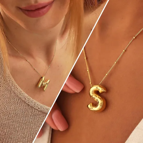 Miniatura 2 de Qyalie Collar de letras de burbujas, collares con inicial de globo para mujeres y niñas, delicado dije del alfabeto, chapado en oro de 14 quilates