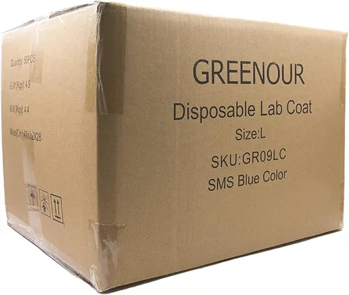 Miniatura 7 de Greenour Disposable Lab Coat Blue SMS with Pockets for Adult Knitted Collar and Cuffs Breathable Fluid Resistant
