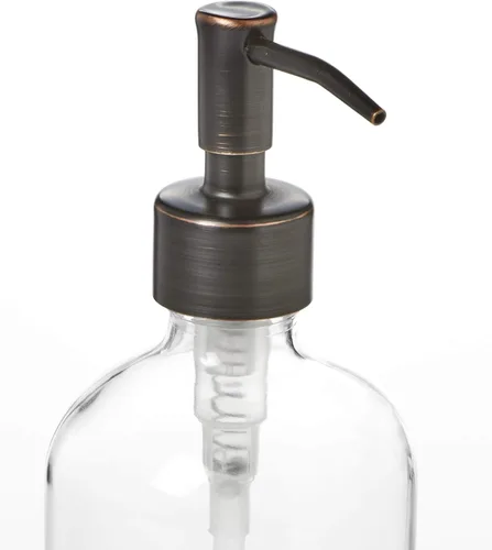 Miniatura 2 de Dispensador de jabón transparente con bomba de jabón o loción de bronce aceitado. El dispensador de vidrio de 8 onzas viene con posavasos