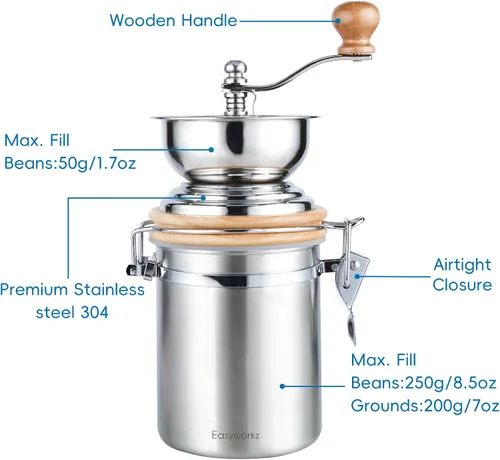 Miniatura 2 de Easyworkz Molinillo de café manual con recipiente hermético,Ajuste ajustable,Herramienta de molino de grano de café de rebabas de acero inoxidable