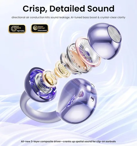 Miniatura 4 de Auriculares con clip, auriculares de oreja abierta inalámbricos Bluetooth 5.4, auriculares ligeros de oreja abierta con micrófono batería 59H