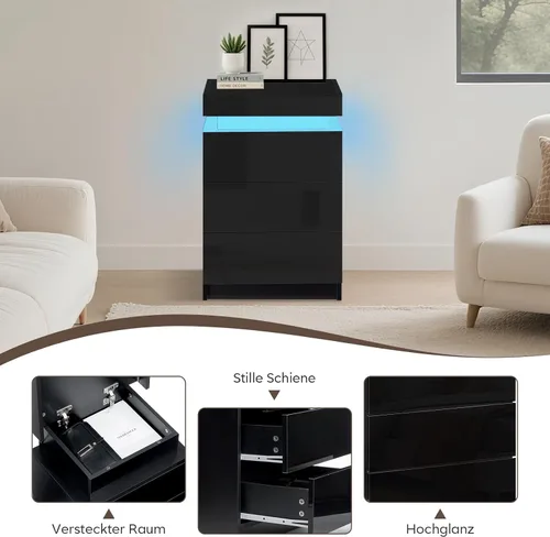 Miniatura 6 de TUKAILAi Mesita de noche con luz LED, moderna mesita de noche negra con tapa abatible, mesita de noche pequeña con 3 cajones de madera, mesa
