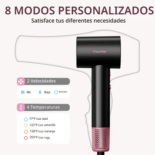 Miniatura 5 de Secador de pelo iónico con difusor y concentrador, secadora de alta velocidad de 180,000 rpm, secado rápido de 3 minutos, control de calor, bajo
