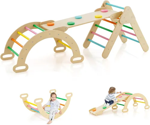 Costzon Juguetes de Escalada para Niños Pequeños, Escalera de Arco de Madera Montessori Plegable con Rampa de Deslizamiento, Métodos de Combinación