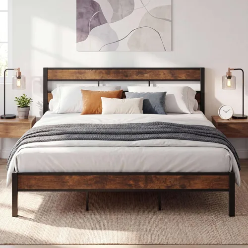 Miniatura 12 de LIKIMIO Base de cama California King con cabecero, fácil montaje, sin ruido, no necesita somier, marcos de soporte de metal resistentes y pesados
