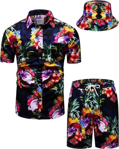 Miniatura 16 de TUNEVUSE Conjunto de camisas y pantalones cortos hawaianos para hombre, 2 piezas, trajes de playa con estampado de flores, traje tropical de verano