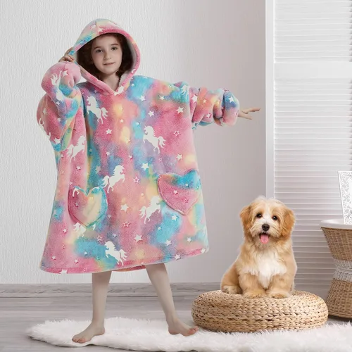 Miniatura 3 de Fiosnow Sudaderas con Manta de Unicornio que Brilla en la Oscuridad para Niños de 6-13 Años Manta con Capucha de Tamaño Grande Usable para Niños