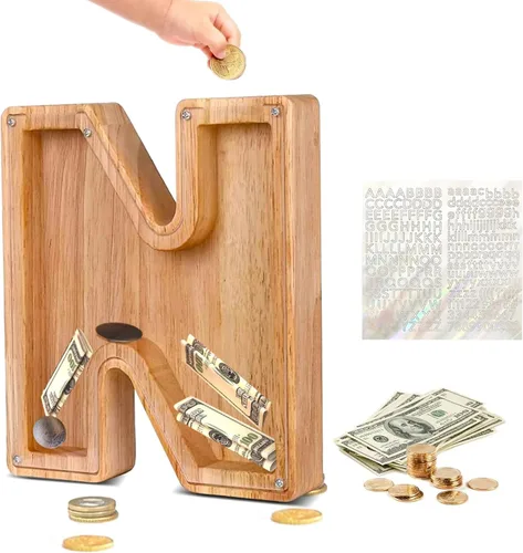 Miniatura 25 de Alcancía de Madera Personalizada con Letras del Alfabeto, Banco de Monedas con Letras del Alfabeto para Niños, Niñas y Bebés, Tamaño Grande, 26